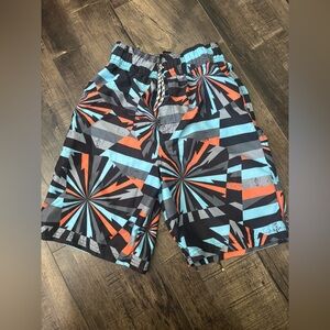 Kids Geometric Swim Shorts - Black, Blue, Orange Size 14-16